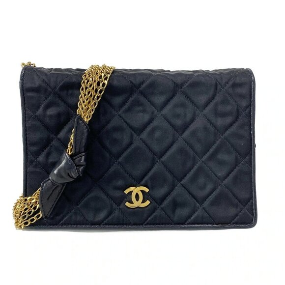 Auth CHANEL Matelasse - Black Satin Shoulder Bag Gold hardware - Picture 1 of 15